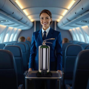 A flight attendant standing with a Fire block aviation fire extinguisher