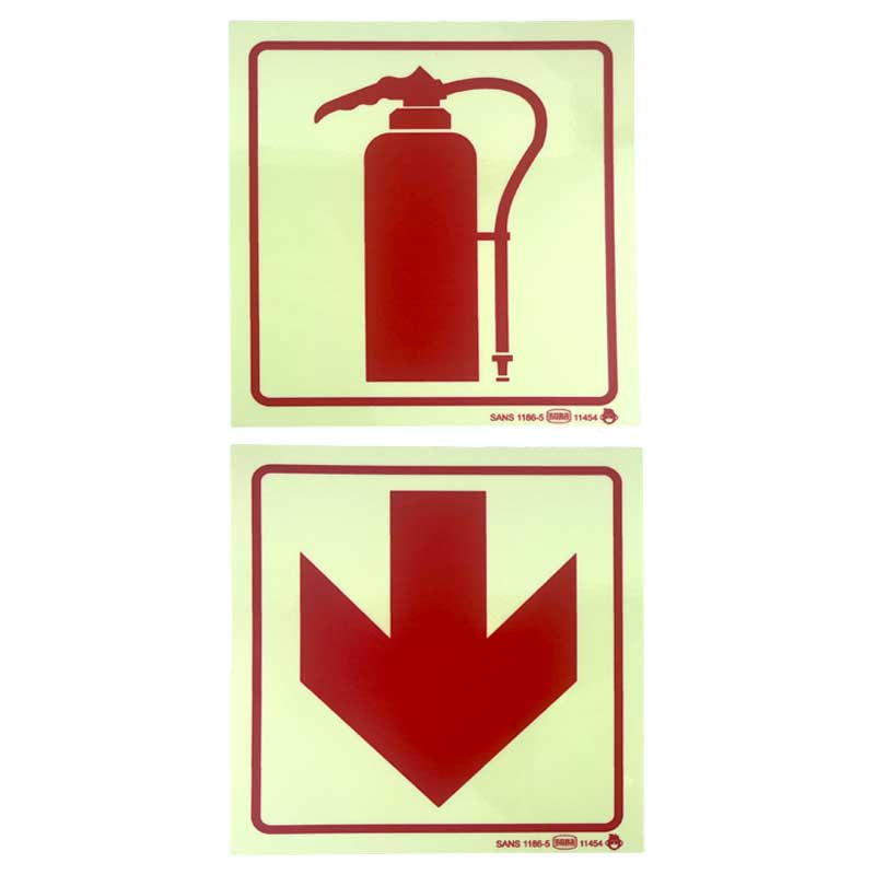 SABS Red Arrow Down with Fire Extinguisher Photoluminescent Safety Sign (F13)